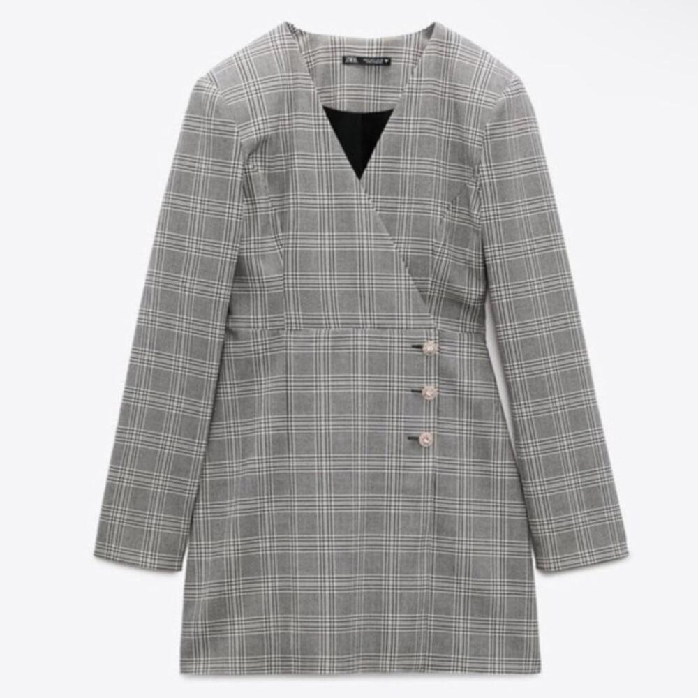 Zara Plaid Blazer Mini Dress Jeweled Buttons Long Sleeve Size S NWT - Picture 3 of 12